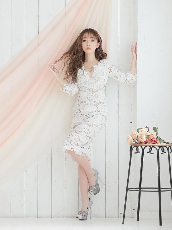 画像3: Lサイズあり!!【JEAN MACLEAN/ジャンマクレーン】フラワーレース/ 7分袖/ タイト/ ミディアム丈/ ミニドレス/ キャバドレス[HC02] (3)