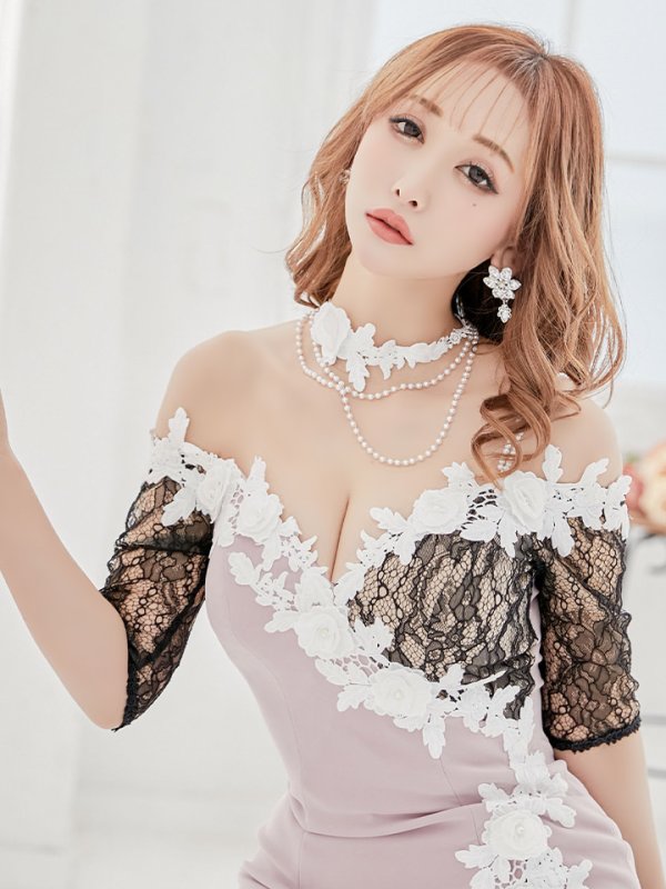 画像4: 【IRMA/イルマ】レース切替/ オフショル/ 袖あり/ ストレッチ/ タイト/ ミニドレス/ キャバドレス[HC02] (4)