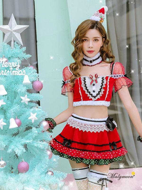 画像1: 【即日発送】【クリスマスコスプレ7点セット】【Malymoon/マリームーン】パフスリーブサンタクロース[YMT] (1)