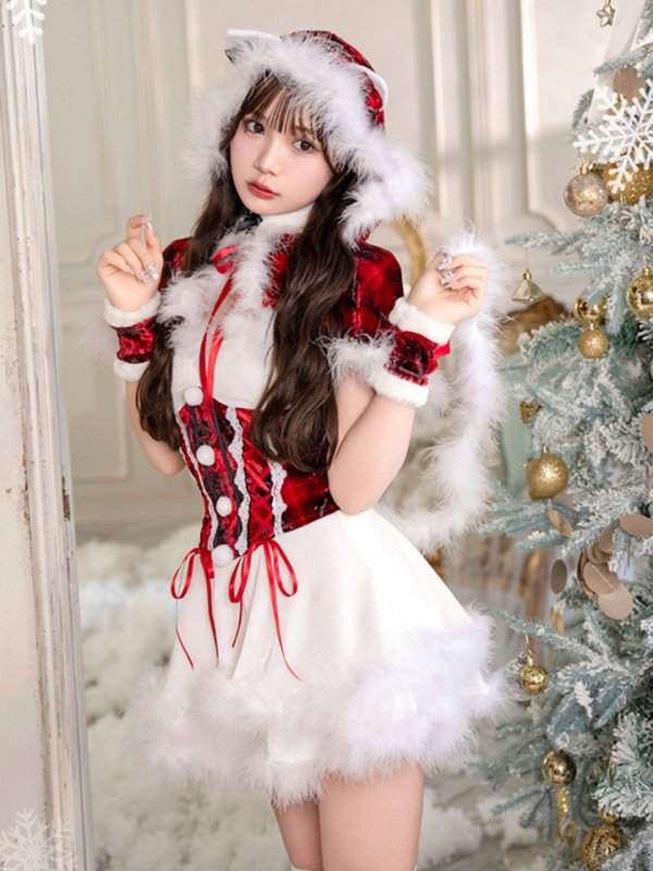 画像1: 【即日発送】【クリスマスコスプレ7点セット】【Malymoon/マリームーン】レースアップ猫耳チェックサンタ【フリーサイズ/1カラー】[HC03] (1)