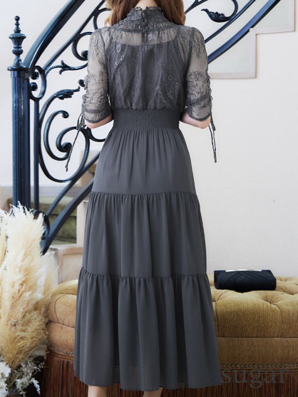 画像45: 【AMORA GRACE / アモーラグレース】 オケージョンドレス/ パーティードレス/ お呼ばれドレス/ ハイネック/ レース/ 袖あり/ Aライン/ ミモレ丈/ ワンピース/ キャバドレス[OF05] (45)