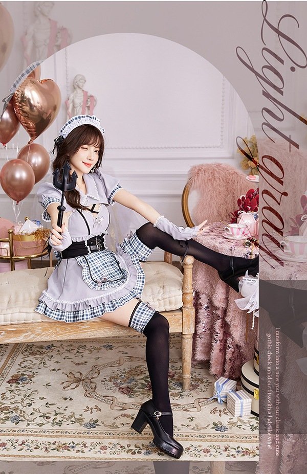 画像4: 【即日発送】ゴシックチェックメイドドレス【マリームーン】【ハロウィンコスプレ6点セット】【フリーサイズ/2カラー】[OF04] (4)