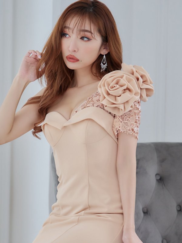 画像3: 【Lip line/リップライン】ワンショル/ 立体フラワー/ ワンカラー/ ストレッチ/ タイト/ ロングドレス/ キャバドレス long[HC03] (3)