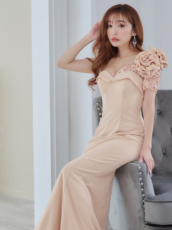 画像5: 【Lip line/リップライン】ワンショル/ 立体フラワー/ ワンカラー/ ストレッチ/ タイト/ ロングドレス/ キャバドレス long[HC03] (5)