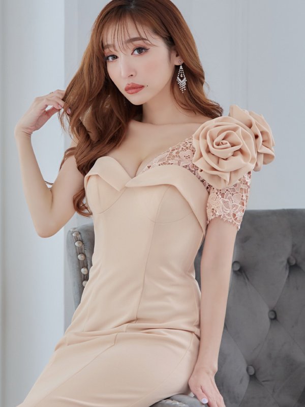 画像6: 【Lip line/リップライン】ワンショル/ 立体フラワー/ ワンカラー/ ストレッチ/ タイト/ ロングドレス/ キャバドレス long[HC03] (6)