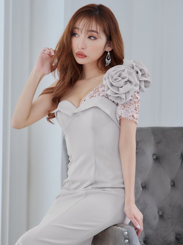 画像11: 【Lip line/リップライン】ワンショル/ 立体フラワー/ ワンカラー/ ストレッチ/ タイト/ ロングドレス/ キャバドレス long[HC03] (11)