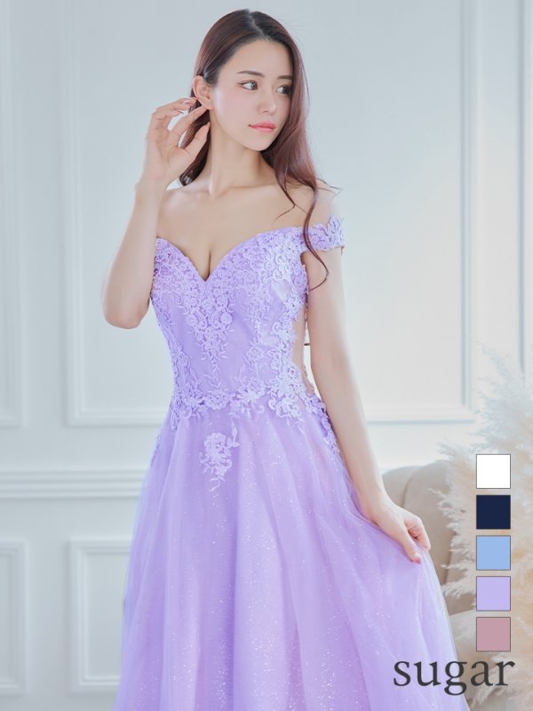 画像1: 【Lip line/リップライン】オフショル/ ハートカット/ ラメ/ 刺繍レース/ チュール/ プリンセス/ フレア/ Aライン/ ロングドレス/ キャバドレス long[HC03] (1)