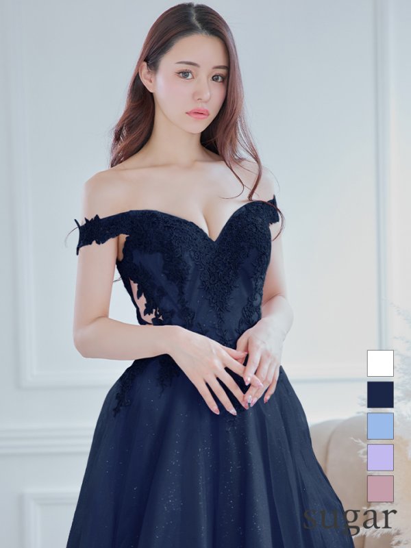 画像1: 【Lip line/リップライン】オフショル/ ハートカット/ ラメ/ 刺繍レース/ チュール/ プリンセス/ フレア/ Aライン/ ロングドレス/ キャバドレス long[HC03] (1)