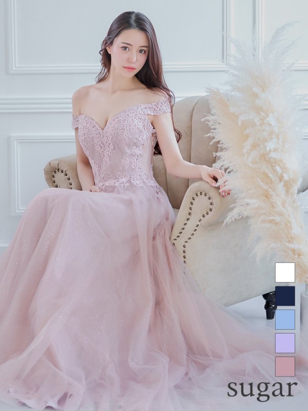 画像1: 【Lip line/リップライン】オフショル/ ハートカット/ ラメ/ 刺繍レース/ チュール/ プリンセス/ フレア/ Aライン/ ロングドレス/ キャバドレス long[HC03] (1)