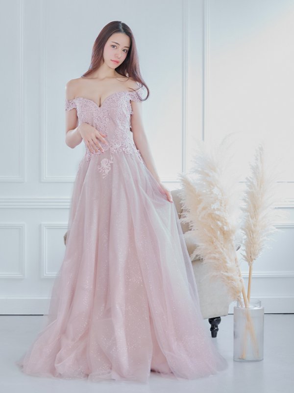 画像4: 【Lip line/リップライン】オフショル/ ハートカット/ ラメ/ 刺繍レース/ チュール/ プリンセス/ フレア/ Aライン/ ロングドレス/ キャバドレス long[HC03] (4)