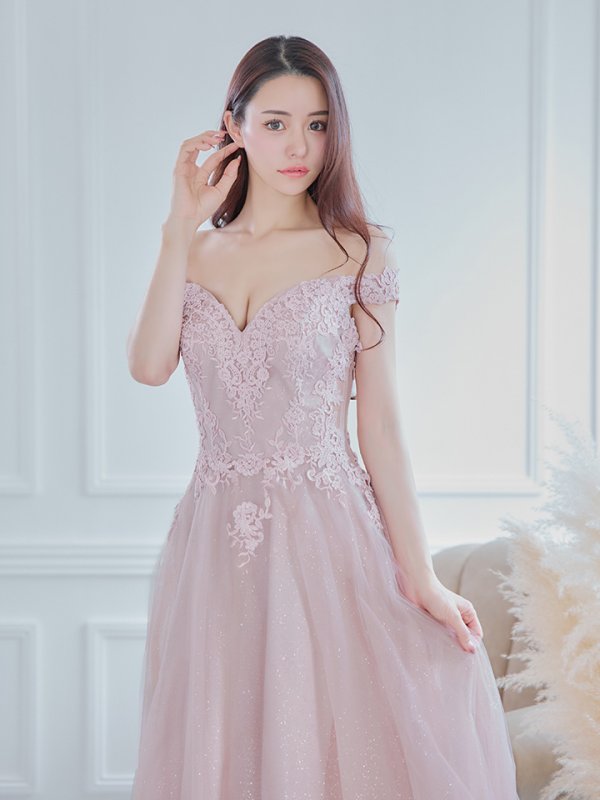 画像6: 【Lip line/リップライン】オフショル/ ハートカット/ ラメ/ 刺繍レース/ チュール/ プリンセス/ フレア/ Aライン/ ロングドレス/ キャバドレス long[HC03] (6)