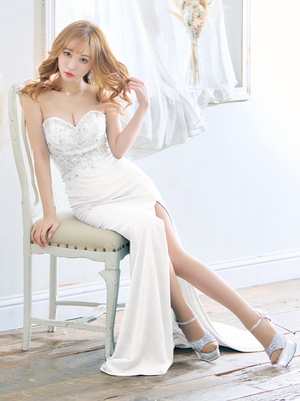 画像2: 【Lip line/リップライン】ロングスリット/ ベア/ ワンカラー/ ビジュー/ シアー/ スピンドル/ ストレッチ/ タイト/ ロングドレス/ キャバドレス long[HC03] (2)