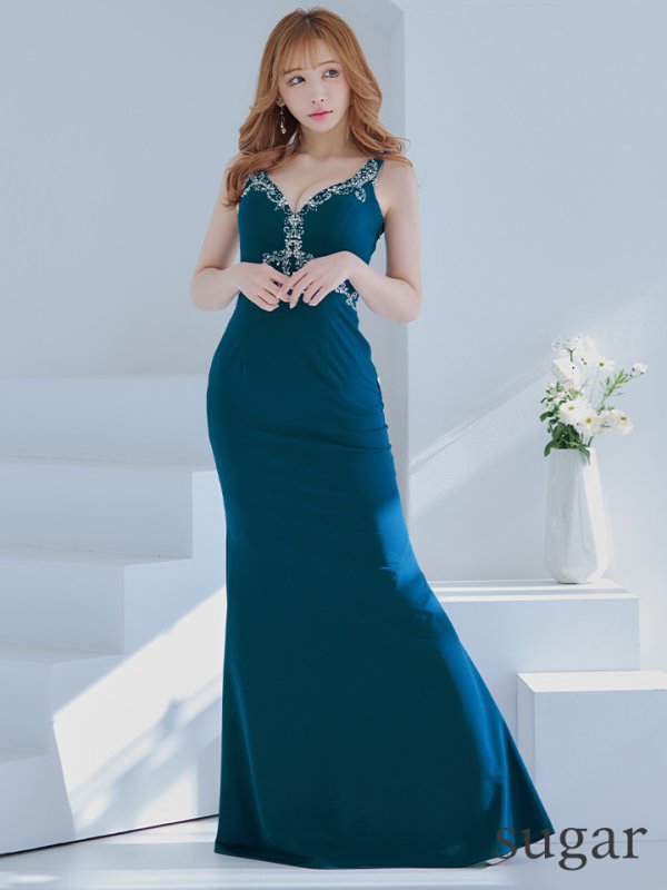 画像13: 【Lip line/リップライン】マーメイド/ ワンカラー/ ビジュー/ Vネック/ ノースリーブ/ スピンドル/ ストレッチ/ タイト/ ロングドレス/ キャバドレス long[HC03] (13)