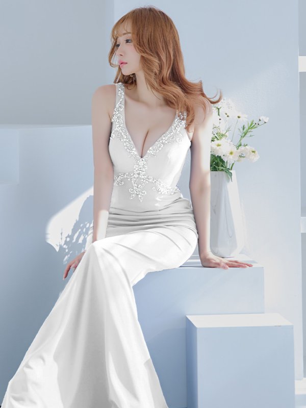 画像2: 【Lip line/リップライン】マーメイド/ ワンカラー/ ビジュー/ Vネック/ ノースリーブ/ スピンドル/ ストレッチ/ タイト/ ロングドレス/ キャバドレス long[HC03] (2)