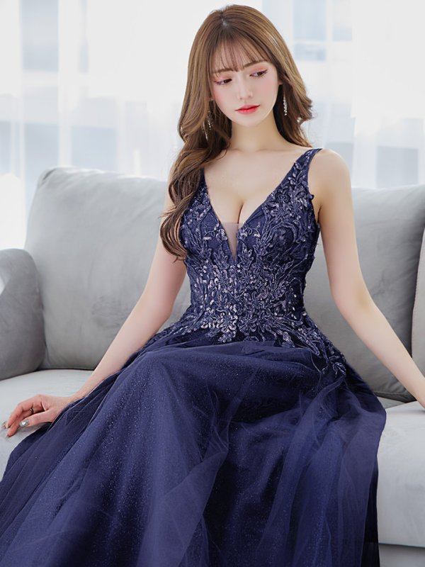 画像13: 【Lip line/リップライン】スパンコール刺繍/ ラメ/ チュール/ Vネック/ Aライン/ ノースリーブ/ プリンセス/ フレア/ ロングドレス/ キャバドレス long[HC03] (13)