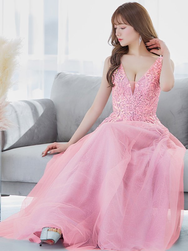 画像11: 【Lip line/リップライン】スパンコール刺繍/ ラメ/ チュール/ Vネック/ Aライン/ ノースリーブ/ プリンセス/ フレア/ ロングドレス/ キャバドレス long[HC03] (11)