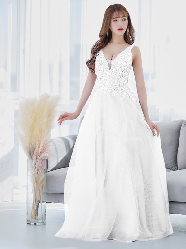 画像15: 【Lip line/リップライン】スパンコール刺繍/ ラメ/ チュール/ Vネック/ Aライン/ ノースリーブ/ プリンセス/ フレア/ ロングドレス/ キャバドレス long[HC03] (15)