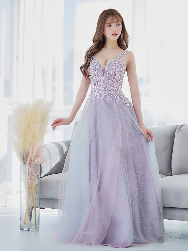 画像2: 【Lip line/リップライン】スパンコール刺繍/ ラメ/ チュール/ Vネック/ Aライン/ ノースリーブ/ プリンセス/ フレア/ ロングドレス/ キャバドレス long[HC03] (2)