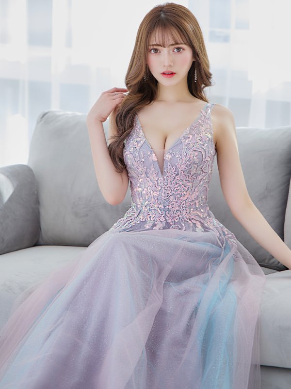 画像3: 【Lip line/リップライン】スパンコール刺繍/ ラメ/ チュール/ Vネック/ Aライン/ ノースリーブ/ プリンセス/ フレア/ ロングドレス/ キャバドレス long[HC03] (3)