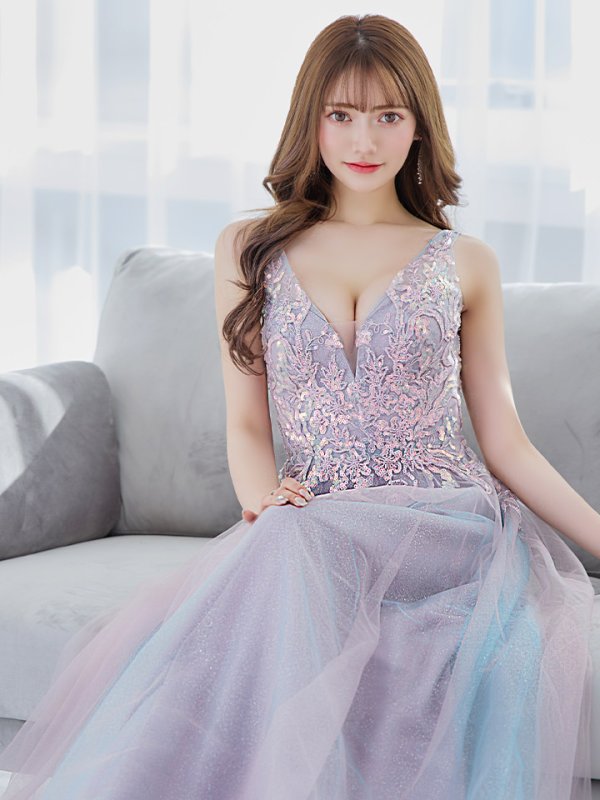 画像5: 【Lip line/リップライン】スパンコール刺繍/ ラメ/ チュール/ Vネック/ Aライン/ ノースリーブ/ プリンセス/ フレア/ ロングドレス/ キャバドレス long[HC03] (5)