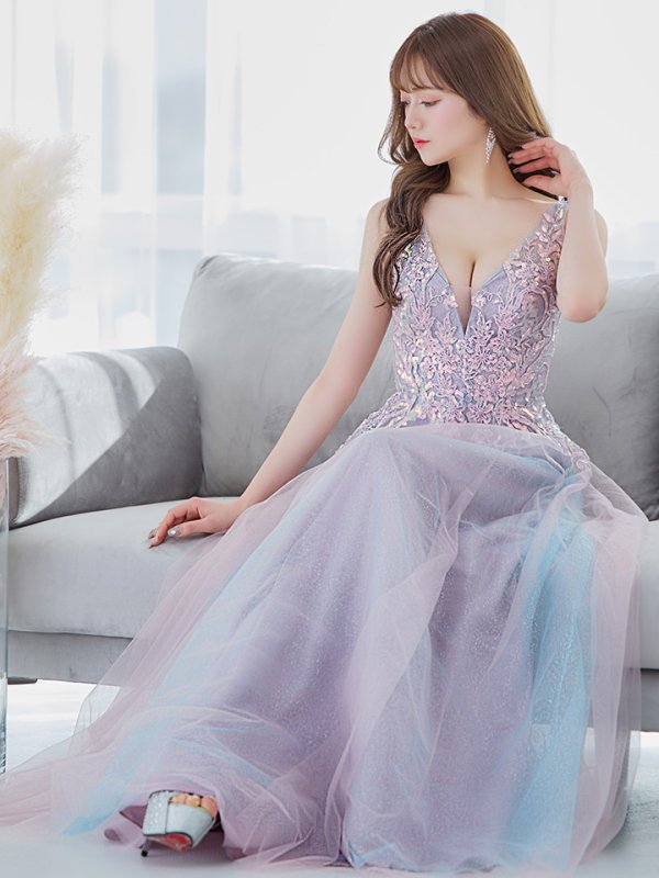 画像6: 【Lip line/リップライン】スパンコール刺繍/ ラメ/ チュール/ Vネック/ Aライン/ ノースリーブ/ プリンセス/ フレア/ ロングドレス/ キャバドレス long[HC03] (6)