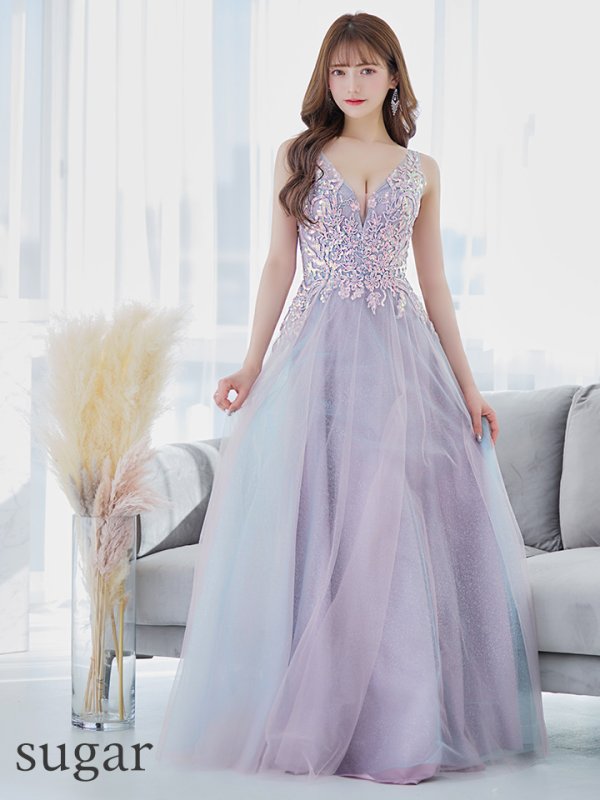 画像7: 【Lip line/リップライン】スパンコール刺繍/ ラメ/ チュール/ Vネック/ Aライン/ ノースリーブ/ プリンセス/ フレア/ ロングドレス/ キャバドレス long[HC03] (7)