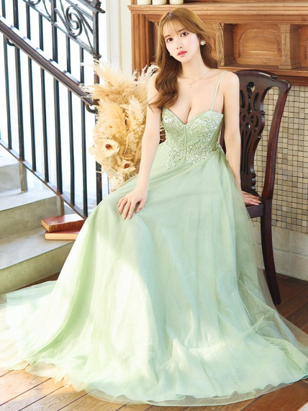 画像2: 【Lip line/リップライン】ラメ/ チュール/ キャミソール/ Aライン/ デザイン刺繍/ フレア/ ロングドレス/ キャバドレス long[HC03] (2)