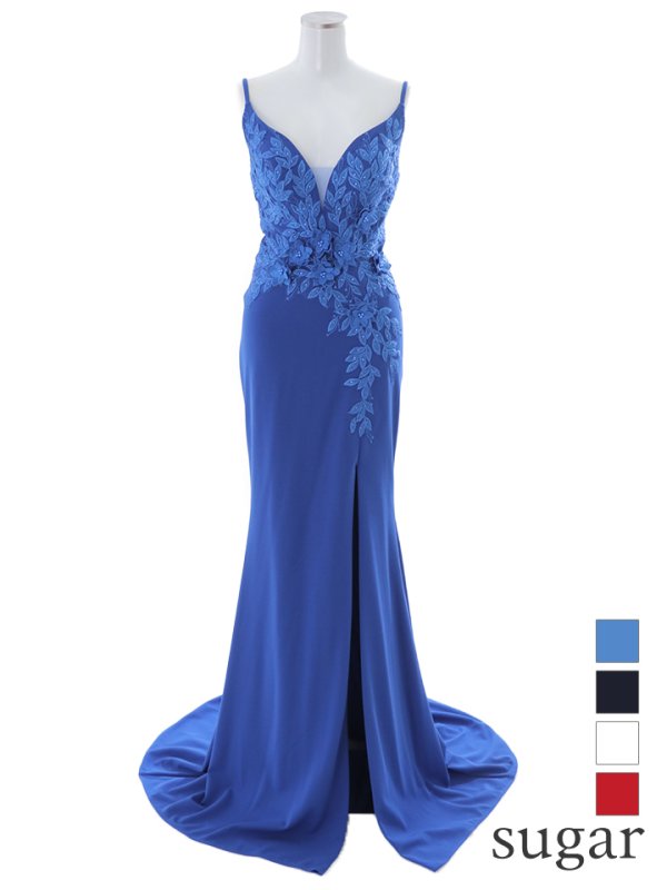 【Lip line/リップライン】ワンカラー/ 立体フラワー刺繍/ キャミ/ ストレッチ/ スリット/ タイト/ ロングドレス/ キャバドレス long ブルー