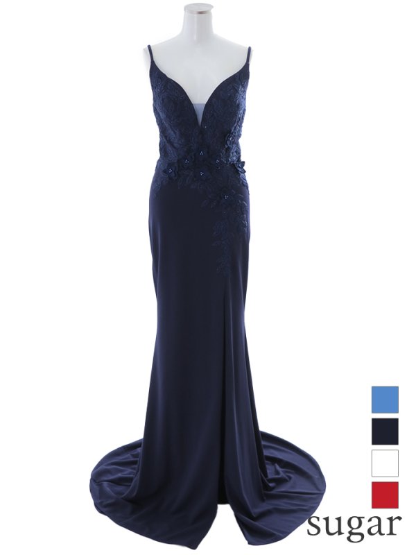 【Lip line/リップライン】ワンカラー/ 立体フラワー刺繍/ キャミ/ ストレッチ/ スリット/ タイト/ ロングドレス/ キャバドレス long ネイビー