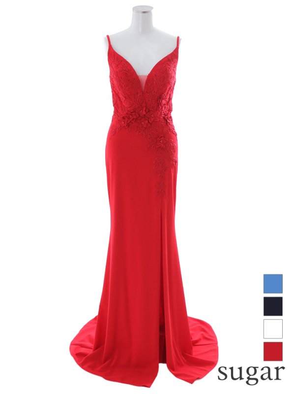 【Lip line/リップライン】ワンカラー/ 立体フラワー刺繍/ キャミ/ ストレッチ/ スリット/ タイト/ ロングドレス/ キャバドレス long レッド