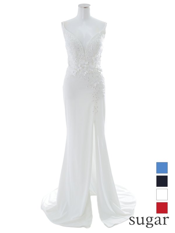 【Lip line/リップライン】ワンカラー/ 立体フラワー刺繍/ キャミ/ ストレッチ/ スリット/ タイト/ ロングドレス/ キャバドレス long ホワイト