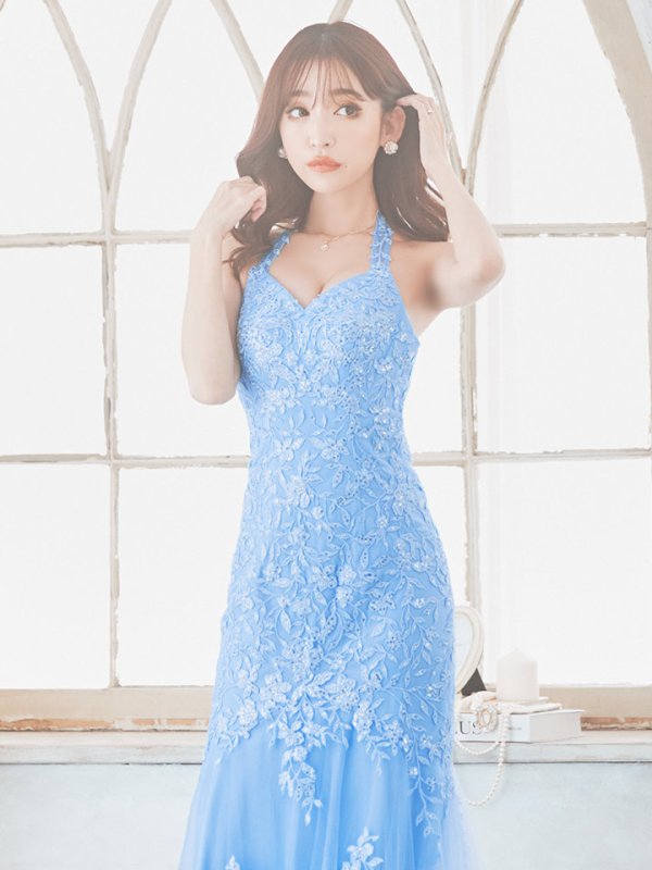 画像5: 【Lip line/リップライン】マーメイド/ スパンコール刺繍/ ホルターネック/ チュール/ タイト/ ロングドレス/ キャバドレス long[HC03] (5)