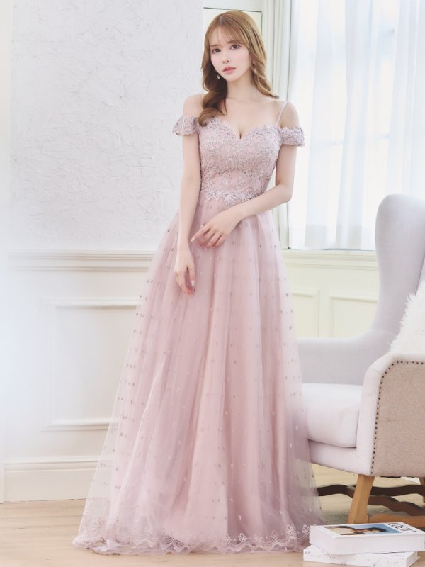 画像2: 【Lip line/リップライン】ドットレース/ 刺繍/ オフショル/ フレア/ Aライン/ ロングドレス/ キャバドレス long[HC03] (2)