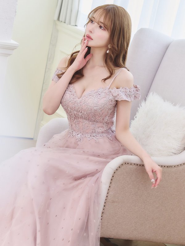 画像4: 【Lip line/リップライン】ドットレース/ 刺繍/ オフショル/ フレア/ Aライン/ ロングドレス/ キャバドレス long[HC03] (4)