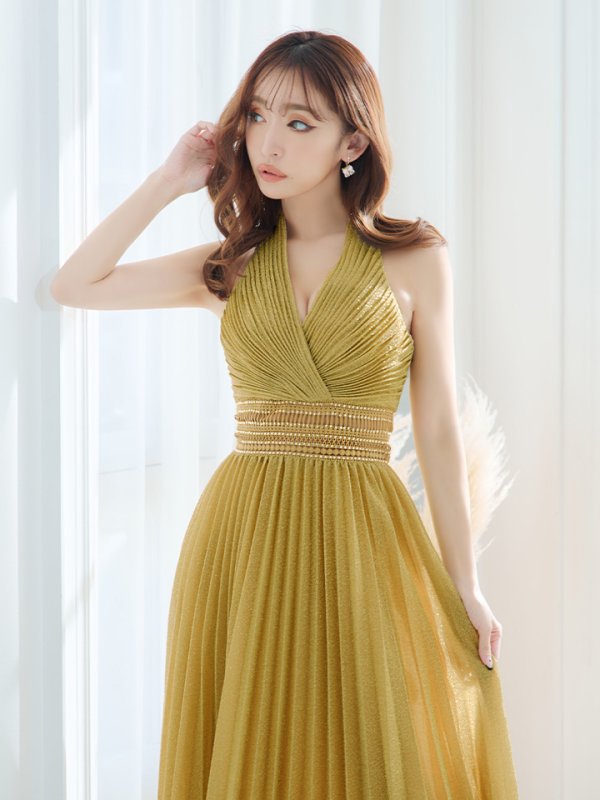 画像4: 【Lip line/リップライン】ラメ/ プリーツ/ アメスリ/ ワンカラー/ Aライン/ ロングドレス/ キャバドレス long[HC03] (4)