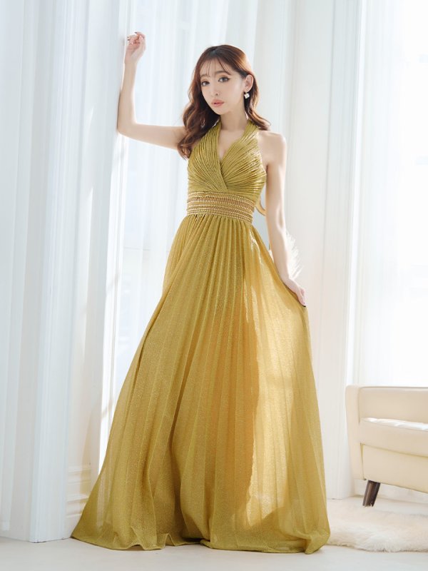 画像6: 【Lip line/リップライン】ラメ/ プリーツ/ アメスリ/ ワンカラー/ Aライン/ ロングドレス/ キャバドレス long[HC03] (6)