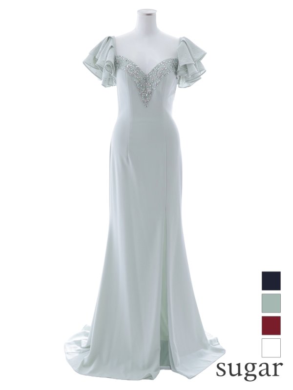 画像4: 【Lip line/リップライン】ワンカラー/ フリルスリーブ/ 半袖/ 袖あり/ 刺繍/ スリット/ ロングドレス/ キャバドレス long[HC03] (4)