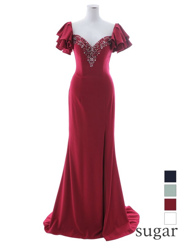 画像12: 【Lip line/リップライン】ワンカラー/ フリルスリーブ/ 半袖/ 袖あり/ 刺繍/ スリット/ ロングドレス/ キャバドレス long[HC03] (12)