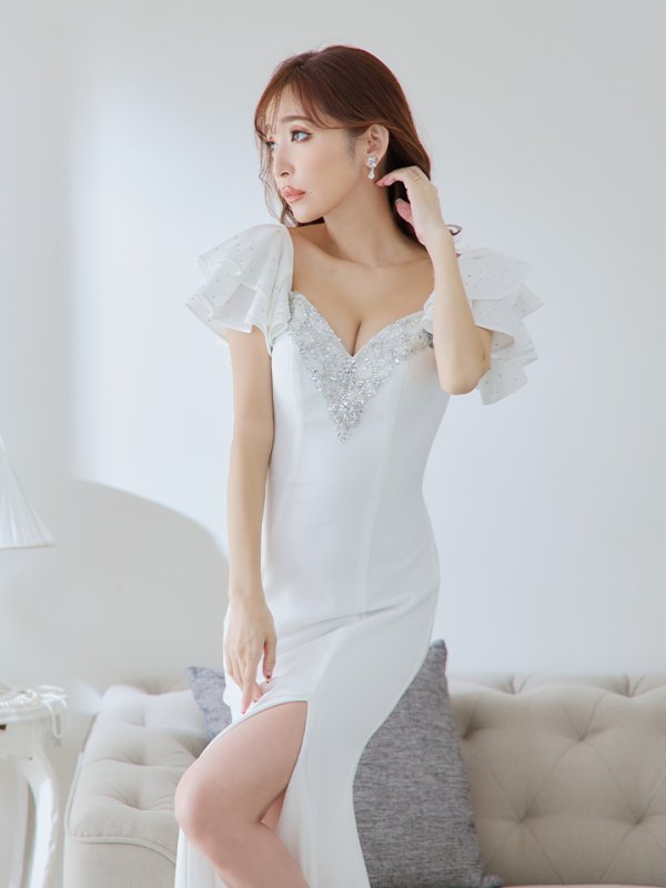 画像15: 【Lip line/リップライン】ワンカラー/ フリルスリーブ/ 半袖/ 袖あり/ 刺繍/ スリット/ ロングドレス/ キャバドレス long[HC03] (15)