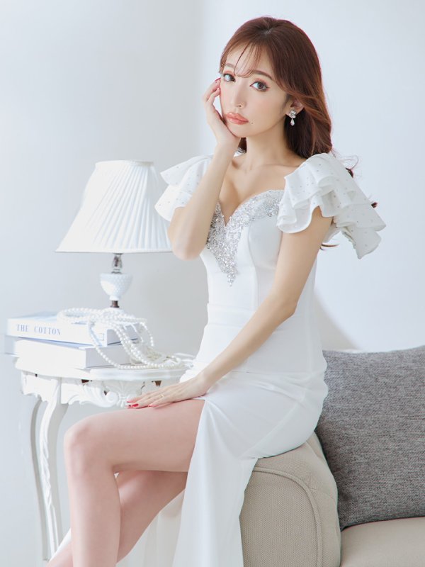 画像16: 【Lip line/リップライン】ワンカラー/ フリルスリーブ/ 半袖/ 袖あり/ 刺繍/ スリット/ ロングドレス/ キャバドレス long[HC03] (16)