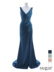 【Lip line/リップライン】ワンカラー/ ノースリーブ/ タック/ Vネック/ ビジュー刺繍/ スリット/ ロングドレス/ キャバドレス long[HC03]　グリーン