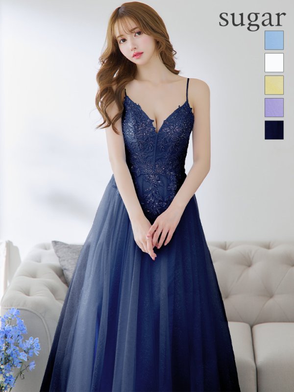 【Lip line/リップライン】スパンコール刺繍/ キャミソール/ ラメ/ チュール/ フレア/ Aライン/ ロングドレス/ キャバドレス long[HC03]　ネイビー