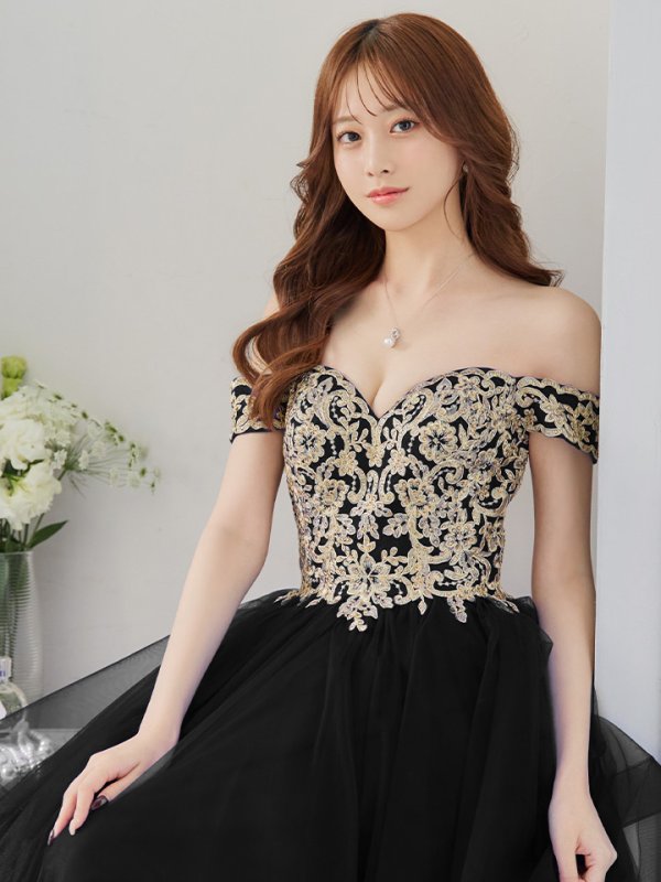 画像2: 【Lip line/リップライン】刺繍/ オフショル/ チュール/ フレア/ プリンセス/ ロングドレス/ キャバドレス long[HC03] (2)