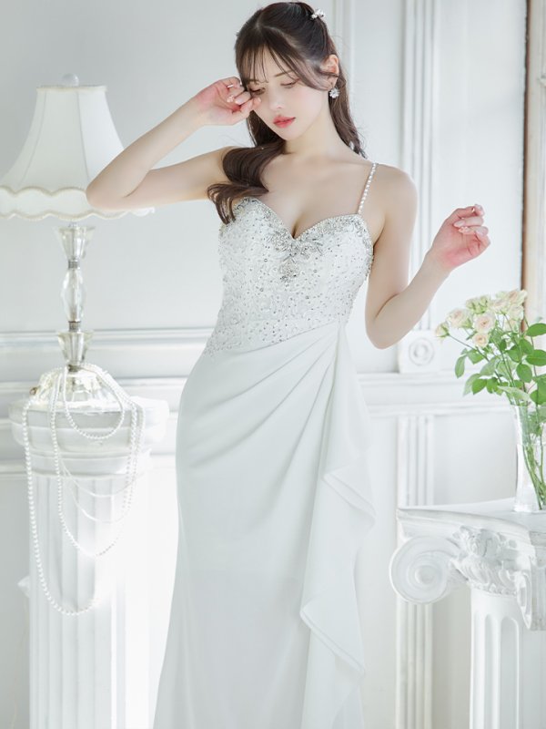 画像6: 【Lip line/リップライン】刺繍/ ラインストーン/ キャミソール/ フリル/ スリット/ ストレッチ/ ロングドレス/ キャバドレス long[HC03] (6)