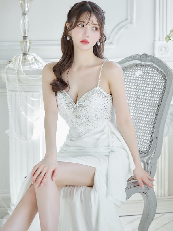 画像8: 【Lip line/リップライン】刺繍/ ラインストーン/ キャミソール/ フリル/ スリット/ ストレッチ/ ロングドレス/ キャバドレス long[HC03] (8)