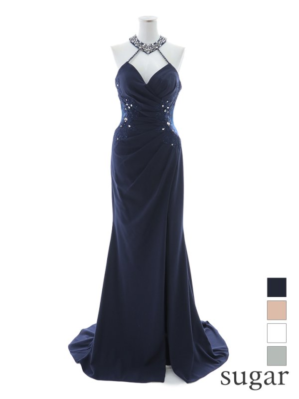 【Lip line/リップライン】ビジュー/ ホルターネック/ ストレッチ/ ノースリーブ/ ワンカラー/ スピンドル/ ロングドレス/ キャバドレス long[HC03]　ネイビー