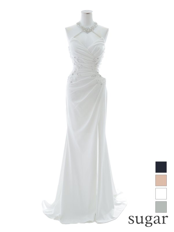 【Lip line/リップライン】ビジュー/ ホルターネック/ ストレッチ/ ノースリーブ/ ワンカラー/ スピンドル/ ロングドレス/ キャバドレス long[HC03]　ホワイト