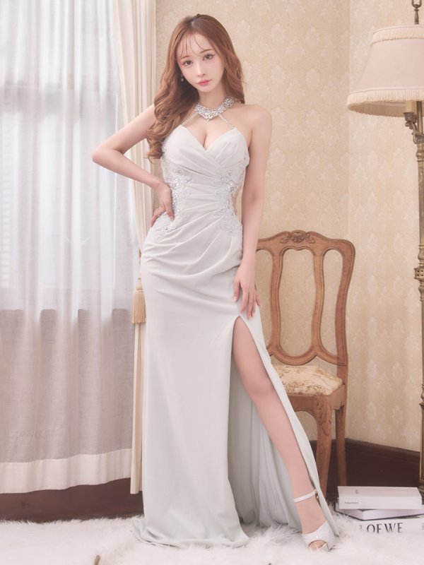 画像4: 【Lip line/リップライン】ビジュー/ ホルターネック/ ストレッチ/ ノースリーブ/ ワンカラー/ ロングドレス/ キャバドレス long[HC03] (4)