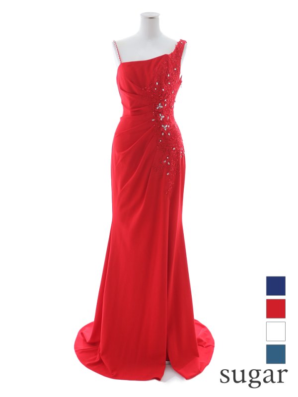 【Lip line/リップライン】フラワー刺繍/ ストレッチ/ ワンショルダー/ ワンカラー/ スピンドル/ ロングドレス/ キャバドレス long[HC03]　レッド