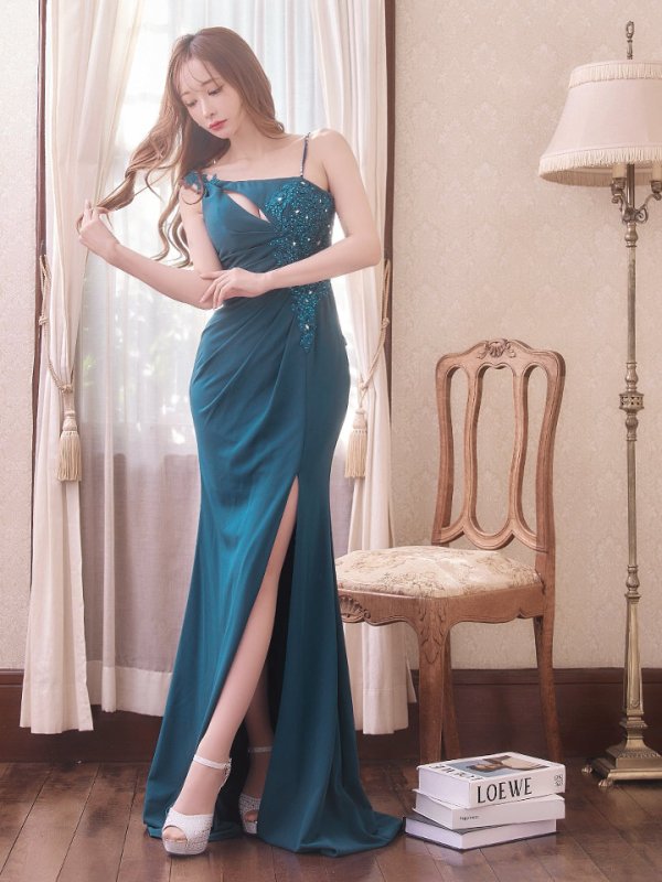 画像13: 【Lip line/リップライン】アシメショルダー/ バストカットアウト/ サイドタック/ フラワー刺繍/ ストレッチ/ スリット/ ロングドレス/ キャバドレス long[HC03] (13)